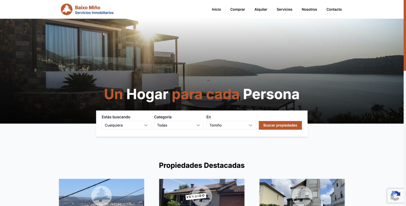 Página de inicio y buscador de Servicios Inmobiliarios Baixo Miño.