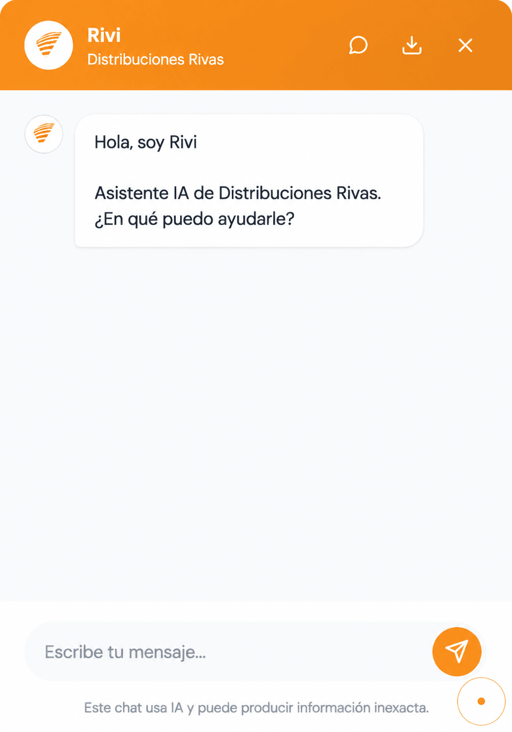 Rivi, el chat de IA de Distribuciones Rivas, con su mensaje de bienvenida.